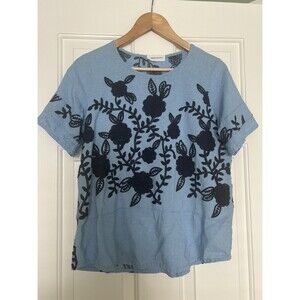 Goodnight Macaroon Shirt Embroidered Blue Chambray Short Sleeve